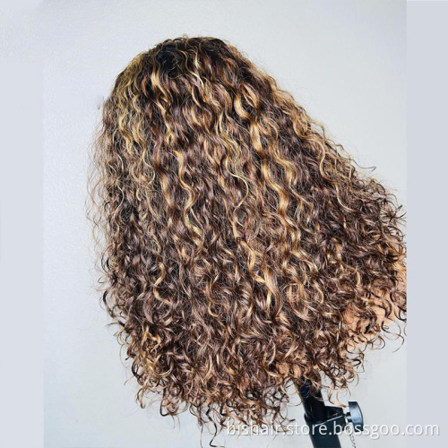BIS Wholesale Ombre Colored Highlight Short Bob Wig Curly4*4 Lace Front Human Hair Wigs 150% Brazilian Honey Blonde Baby Hair